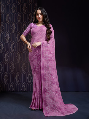 RekhaManiyar Embroidered Saree with Attached Blouse Chiffon Saree(Purple)