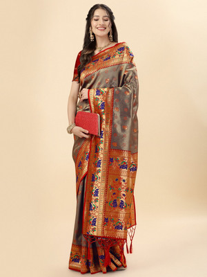 Divastri Woven Paithani Pure Silk Saree(Brown)