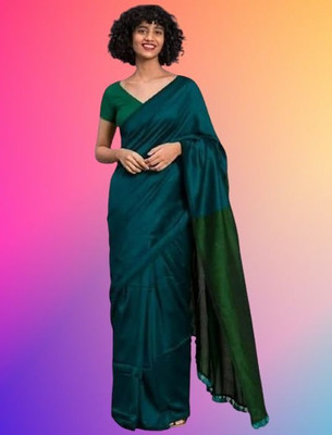 BongAp Solid/Plain Handloom Cotton Blend Saree(Green)