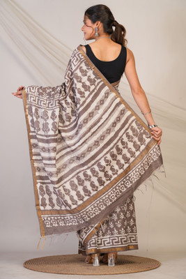 Anuttara Hand Painted Saree with Attached Blouse Cotton Silk Saree(Brown)