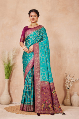 HETASH FASHION Woven, Self Design Banarasi Pure Silk Saree(Blue, Maroon)