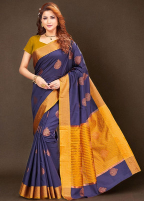 SATTVASILK Woven Banarasi Art Silk Saree(Dark Blue, Yellow, Mustard)