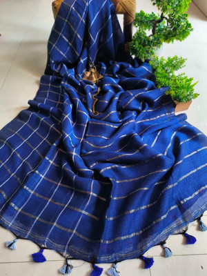 AMIT STORE Self Design Handloom Cotton Linen Saree(Dark Blue)