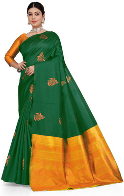 BuyNests Woven, Embellished Kanjivaram Silk Blend Saree(Dark Green, Yellow)