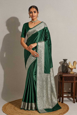 Sijileen Woven, Solid/Plain Banarasi Satin Saree(Dark Green)