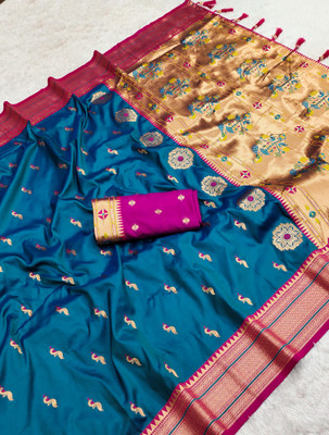 PANZORA Woven Paithani Cotton Silk Saree(Blue)
