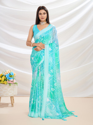 RekhaManiyar Printed Bollywood Crepe Saree(Light Blue)