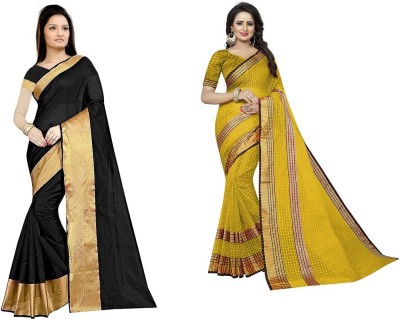 Suntex Geometric Print Daily Wear Cotton Silk Saree(Pack of 2, Black, Yellow)