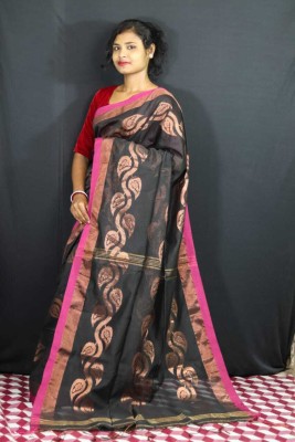 Binita saree Center Woven, Self Design Jamdani Cotton Silk Saree(Black, Pink)