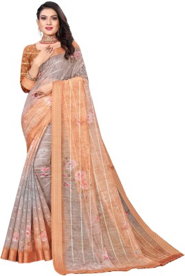 Lami Floral Print Daily Wear Cotton Blend Saree(Orange)