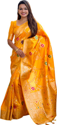 VARSHDIN Floral Print Banarasi Silk Blend Saree(Yellow)