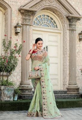 JAy Bajrang Creation Embellished, Embroidered, Applique Bollywood Net Saree(Green)