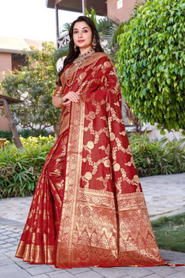 RIVETSTYLE Woven Bollywood Silk Blend, Jacquard Saree(Red)