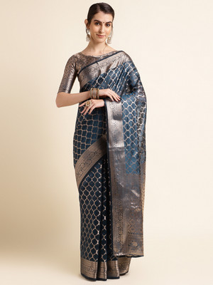 HouseOfCommon Woven Bollywood Organza, Net Saree(Dark Blue)