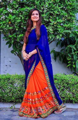 Divastri Embroidered, Self Design Bollywood Georgette, Jacquard Saree(Blue, Orange)
