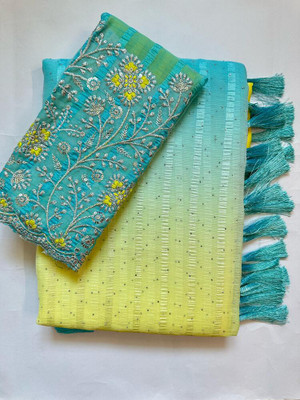 ABSilk Embroidered, Self Design, Solid/Plain Bollywood Georgette Saree(Yellow, Blue)
