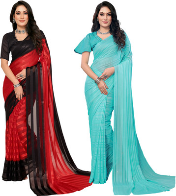 Moda Rapido Self Design, Striped, Ombre Bollywood Satin Saree(Pack of 2, Red, Black)