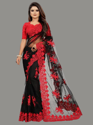 Julee Embroidered Bollywood Net Saree(Black, Red)