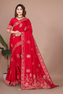 Bindi Woven, Self Design Banarasi Viscose Rayon Saree(Red)