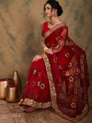 Divastri Embroidered Chanderi Net Saree(Maroon)
