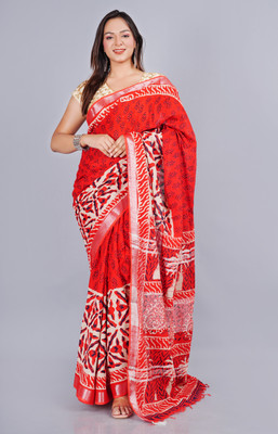 MOLLAR Hand Painted Handloom Cotton Linen Saree(Red)