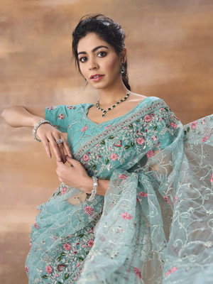 KASEE Self Design Bollywood Net Saree(Light Blue)