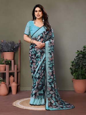 yourwish Floral Print, Embellished, Blocked Printed, Color Block Bollywood Georgette Saree(Light Blue)