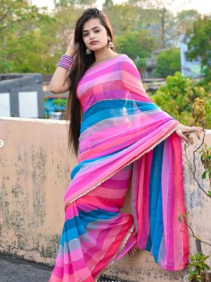 SHOBHTESH Digital Print, Embroidered, Striped Bollywood Georgette Saree(Multicolor)