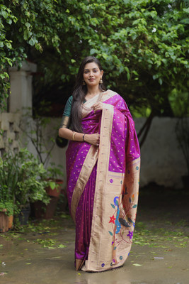 sarjan creation Woven Paithani Pure Cotton Saree(Purple)