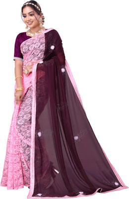 DeltaT Embroidered Bollywood Lycra Blend Saree(Maroon, Pink)