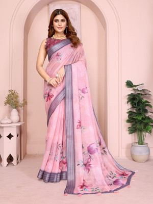 BINAKA FASHION Floral Print, Printed, Striped Daily Wear Cotton Linen Saree(Pink)