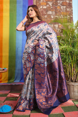Marziyaa Floral Print Banarasi Jacquard Saree(Light Blue)