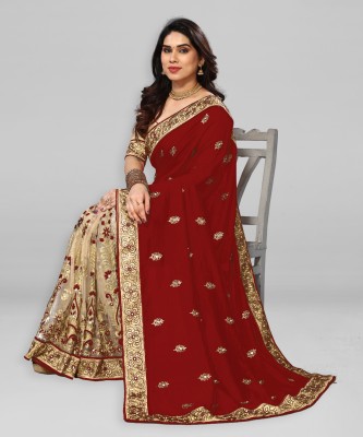 Divastri Embroidered Bollywood Art Silk, Net Saree(Maroon, Beige)