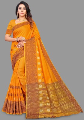 BAPS Self Design, Embroidered, Woven, Floral Print Banarasi Cotton Blend, Art Silk Saree(Yellow)