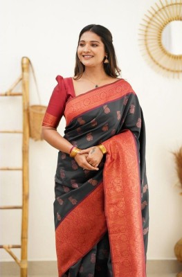 Anjaneya Sarees Woven Banarasi Silk Blend Saree(Black)