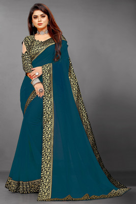 Georgette Saree Solid/Plain Jamdani Georgette, Crepe Saree(Blue)
