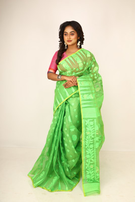 pal saree mahal Self Design Jamdani Cotton Blend Saree(Green)