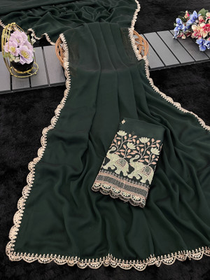 K 5 FASHION Embellished, Solid/Plain Bollywood Georgette Saree(Dark Green)