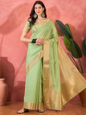 Sangria Self Design Saree with Attached Blouse Organza Saree(Green)