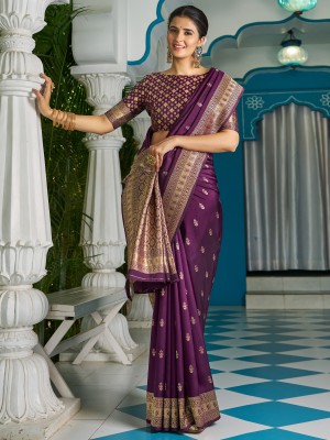 Sareemall Woven Banarasi Silk Blend Saree(Purple)