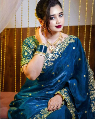 ANJAVI FASHION Embroidered Bollywood Silk Blend Saree(Light Blue)