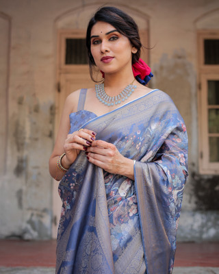 ALMAARI FASHION Digital Print Banarasi Pure Silk Saree(Blue)