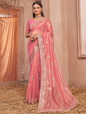 Tasrika Embroidered Bollywood Net Saree(Pink)