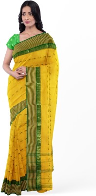 Happy Creation Striped Tant Handloom Pure Cotton Saree(Yellow)