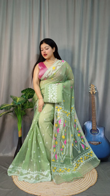 Pasum's Embroidered, Self Design Jamdani Pure Cotton Saree(Light Green)