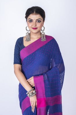 MorChari Printed Handloom Cotton Linen Saree(Blue)