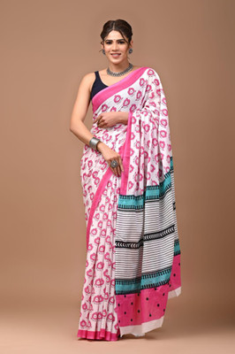 Om Traders Printed Saree with Attached Blouse Cotton Silk Saree(Multicolor)