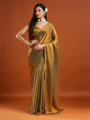 Vraggi Solid/Plain Bollywood Georgette Saree(Gold)