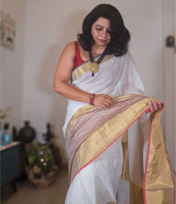 Mznari Solid/Plain Handloom Linen Saree(White, Gold)