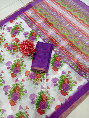 Gajal Printed Kanjivaram Linen, Cotton Linen Saree(Purple)